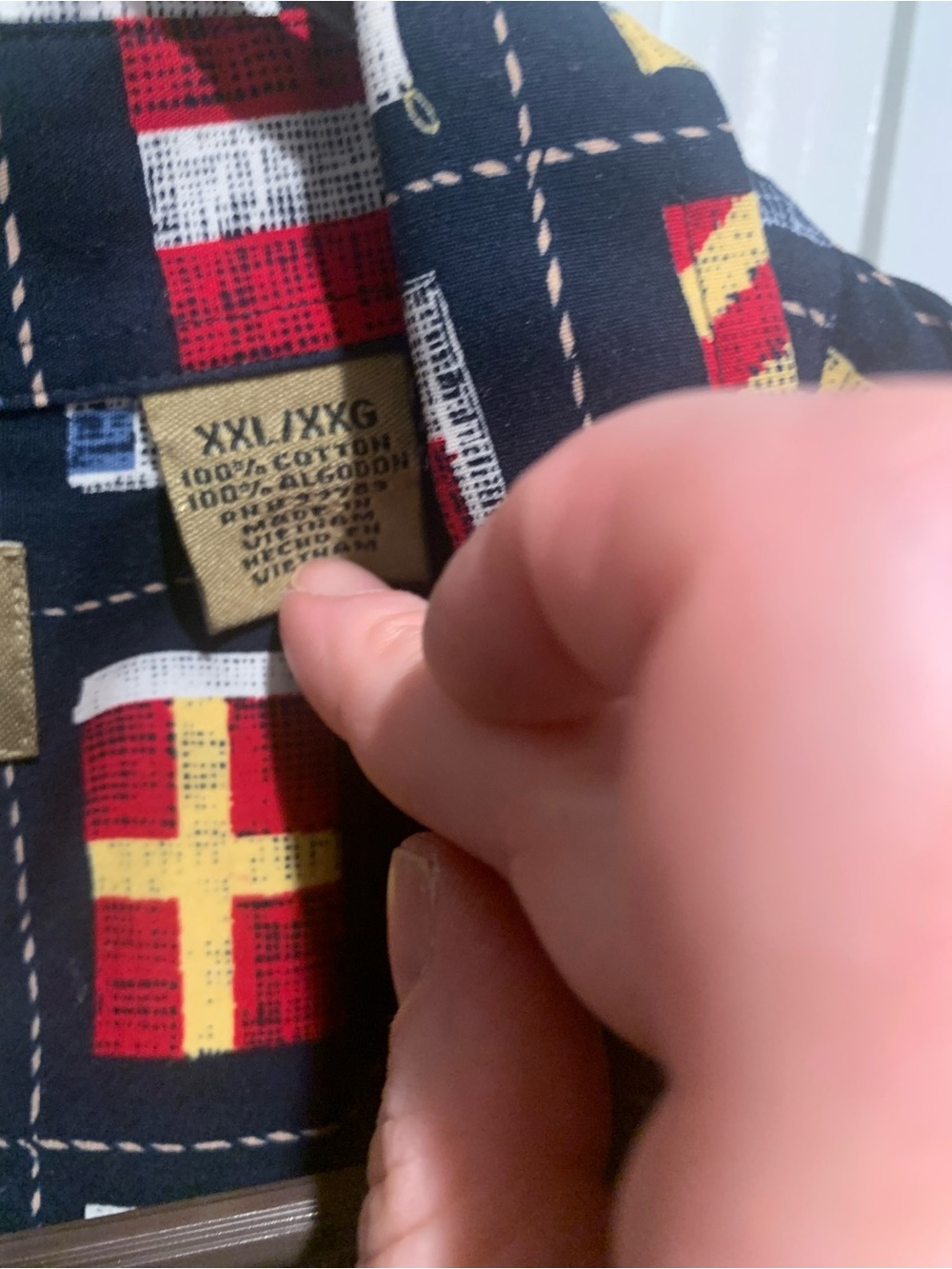 Nautica Short Sleeve Button-Down Shirt in Navy with Red & Gold Flag Print - Picture 4 of 5